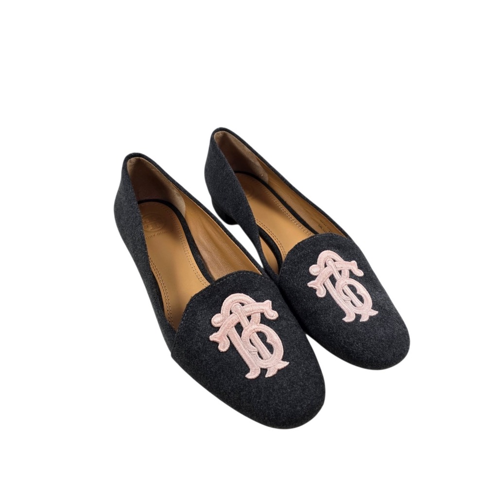 Tory Burch ANTONIA Grey Wool Flannel & Leather Loafers Monogram Pink Logo Sz 7M